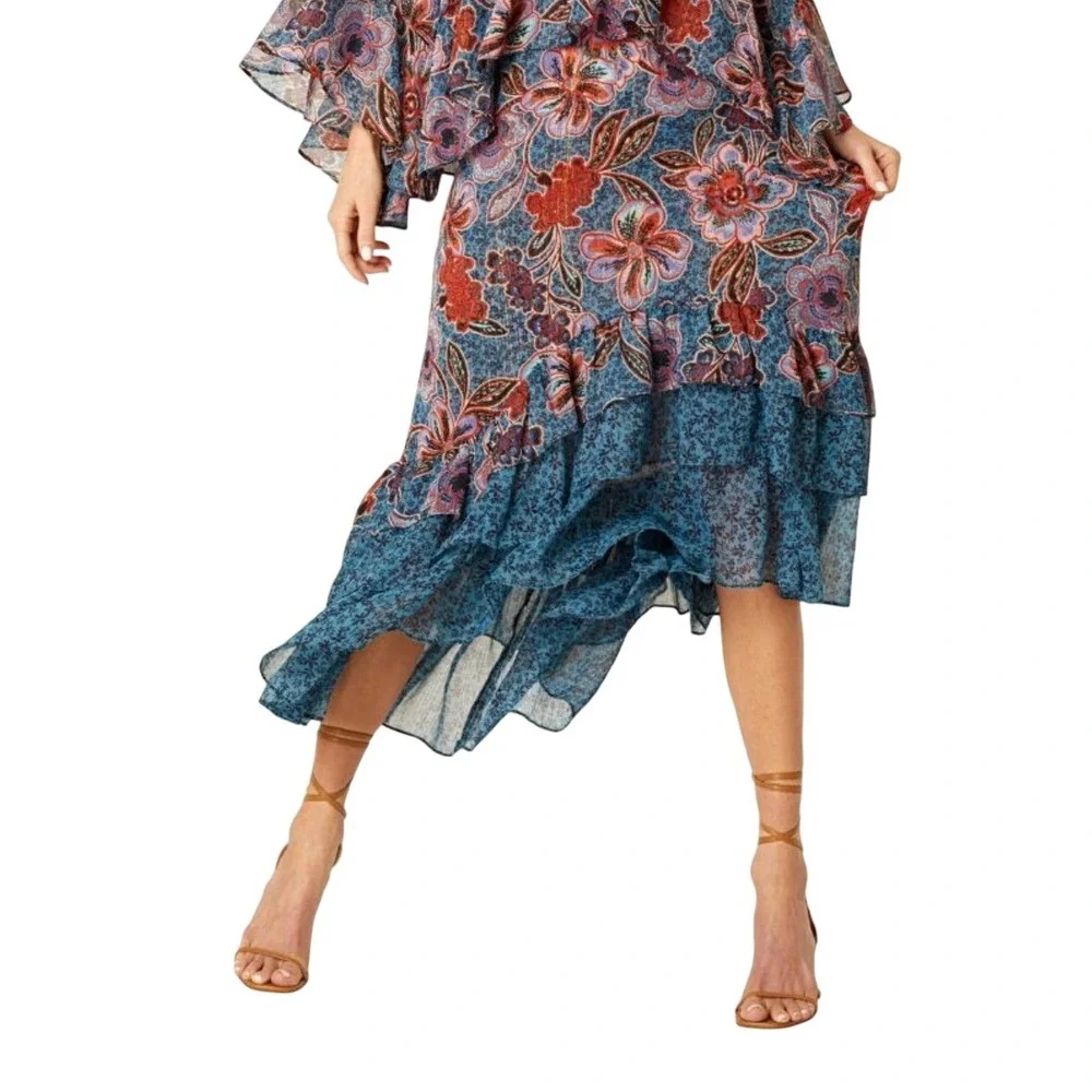 NWT MISA Los Angeles Esti Floral High-Low Midi‎ Skirt Ruffle Trim Cerulean Sz XS